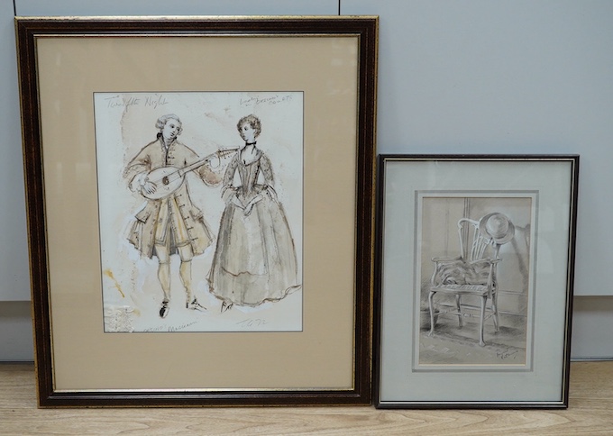 A design for theatre costume from Shakespeare’s Twelfth Night, ink and watercolour wash, signed monograms TG, dated ‘72 and a drawing of a chair with a bonnet, charcoal and chalk, indistinctly signed, largest 40 x 32cm.